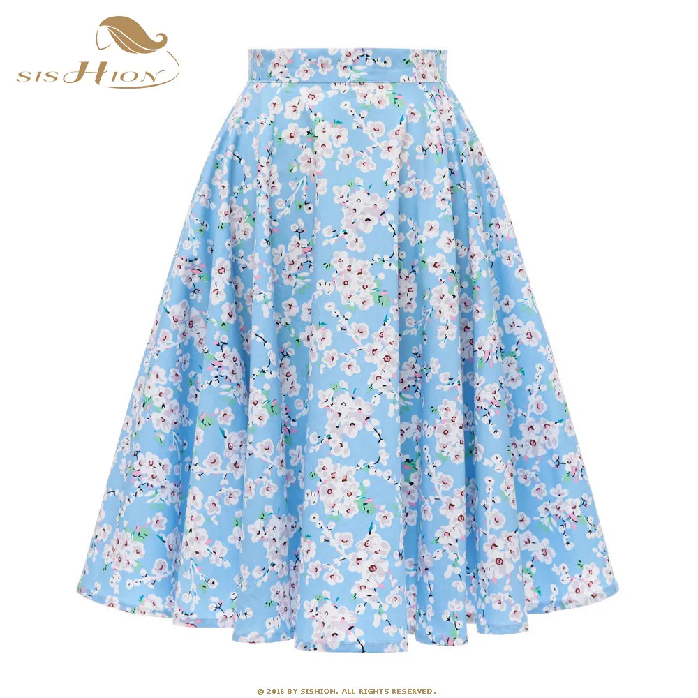 Light blue flower SISHION, осенние женские юбки с высокой талией, хлопковые, в горошек, с цветочным рисунком, Свинг, на булавке, 50 s, Ретро стиль, винтажная юбка, jupe femme SP0677 - Цвет: Light blue flower