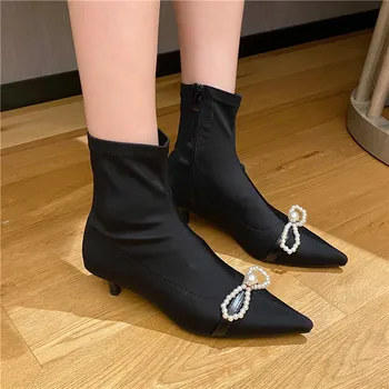 

Women Ankle Boots Fashion Crystal Rhinestone Butterfly-Knot Decoration Pointed Toe Ladies Zip Low Heel Shoes Booties