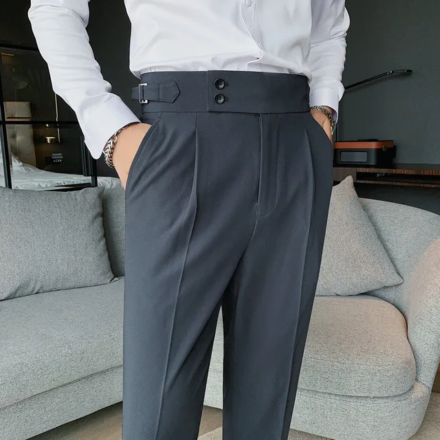 Pantalones de cintura alta para hombre, traje informal de negocios de Inglaterra, Pantalones rectos ajustados con cinturón, ropa blanca, nuevo diseño, 2022 5