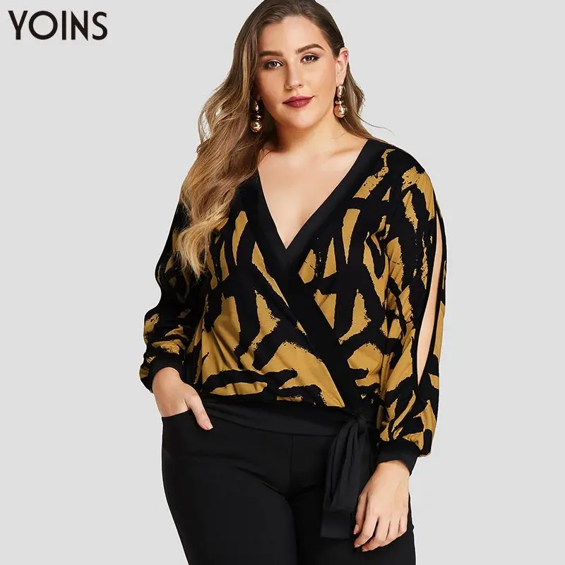 YOINS женские элегантные рубашки, блузы с абстрактным принтом, сексуальный v-образный вырез, длинный рукав, самозавязывающийся подол, повседневные топы размера плюс, блузы - Цвет: Золотой