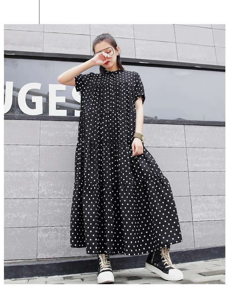 Pokla Dot Dresses For Women Short Sleeve Oversized Ankle Length Dress Female Casual Fashion Clothes Summer AE564