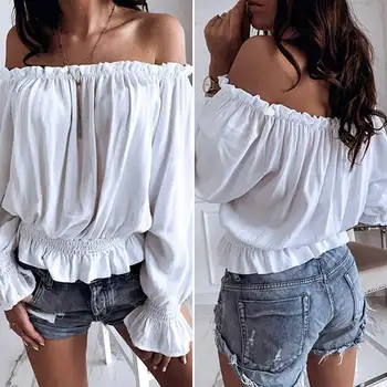 

Women Casual Elastic Blouses Loose Lace Up Hem Chiffon Shirts VONDA 2020 Sexy Off The Shoulder Party Tops Solid Color Blusas