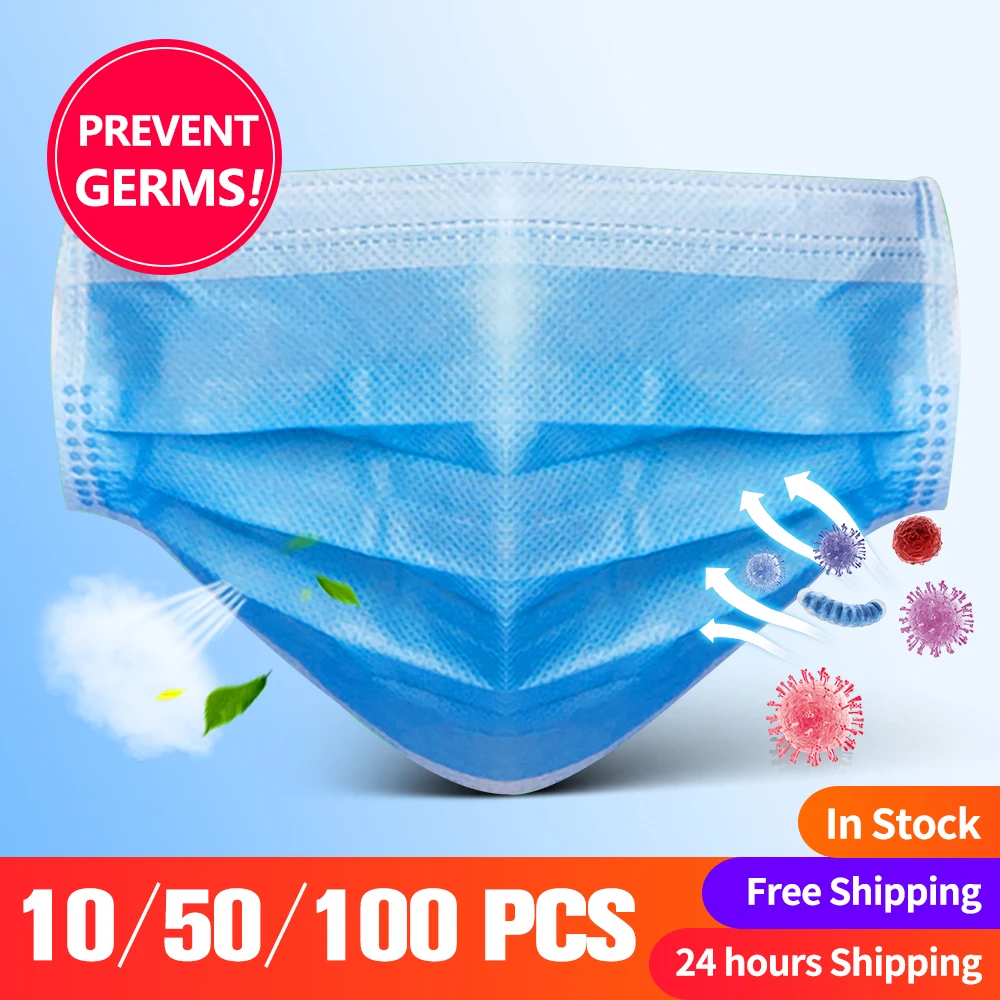 

50/100 pcs 3 Layer Protective Disposable Face Mask Anti-Pollution Mask Dust Protection Mask Filter Elastic Ear Loop Safety Masks