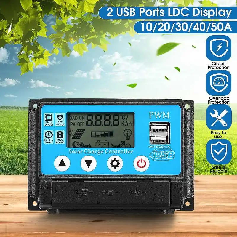 Эффективный 10A/20A/30A/40A/50A/60A 12V 24V Авто за максимальной точкой мощности, Солнечный контроллер заряда ШИМ-контроллеры ЖК-дисплей Dual USB 5V обжимной инструмент для солнечной панели РЕГУЛЯТОР