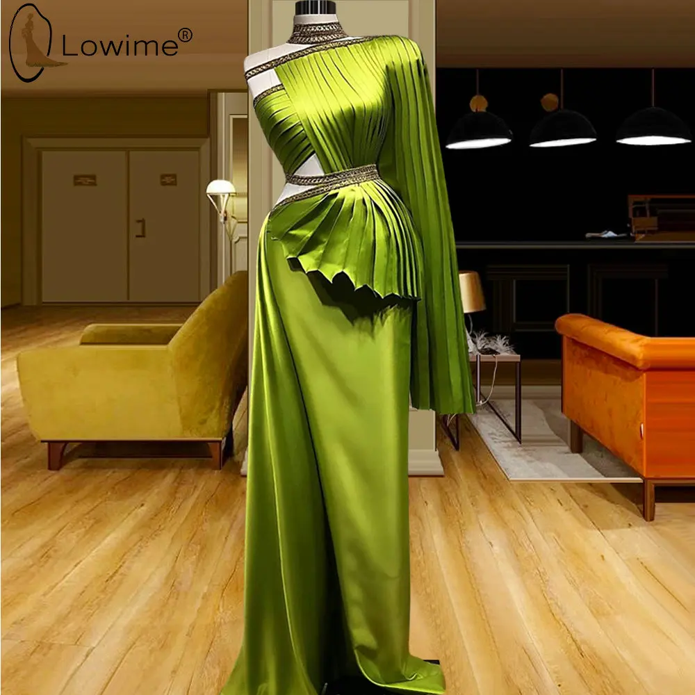 

Dubai Green Long Sleeve Evening Dresses High Neck Ruched Cut-out Split Evening Gowns Saudi Arabia Fomal Dress Robes Abiye