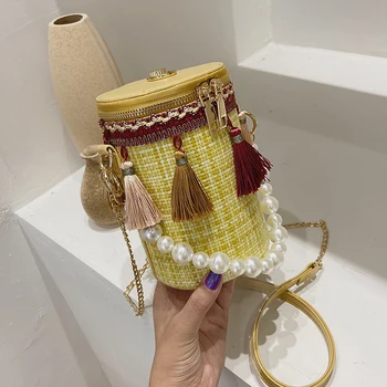 

Elegant Female Pearl Tote bag 2020 Summer New High quality Straw Women's Designer Handbag Tassel Chain Shoulder Messenger Bag