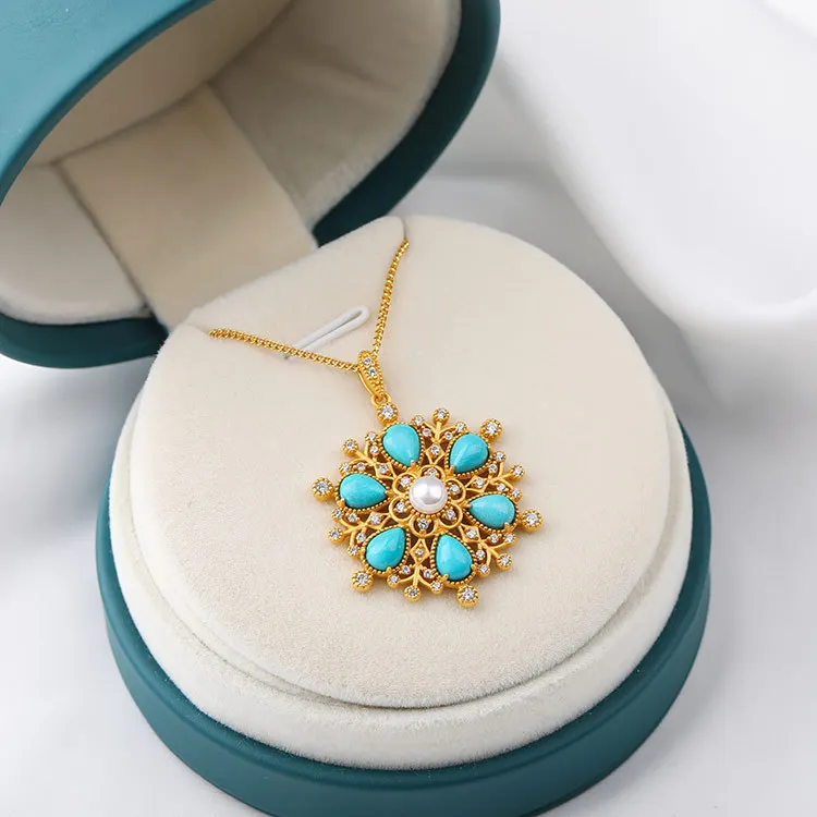 

CMajor S925 Sterling Silver Gemstone Jewelry European and American Style Temperament Pearl Turquoise Pendant Necklace for Women