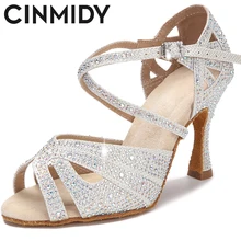 CINMIDY Rhinestone Latin Dance Shoes Tango Salsa Rumba Samba Ladies High Heels Soft Sole Women Sandals Wedding Shoes Women