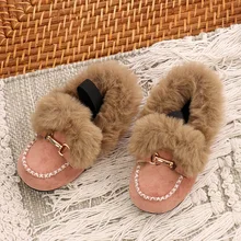 Новая зимняя Детская меховая обувь для маленьких девочек, теплая обувь на плоской подошве, Детская искусственная кожа принцесса, обувь для малышей, брендовые черные лоферы, модные мокасины