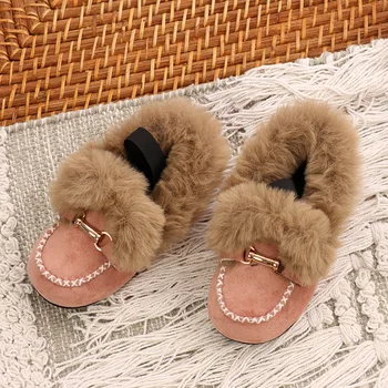 

New Winter Kids Fur Shoes Baby Girls Warm Flats Children Pu Leather Princess Shoes Toddler Brand Black Loafer Fashion Moccasin