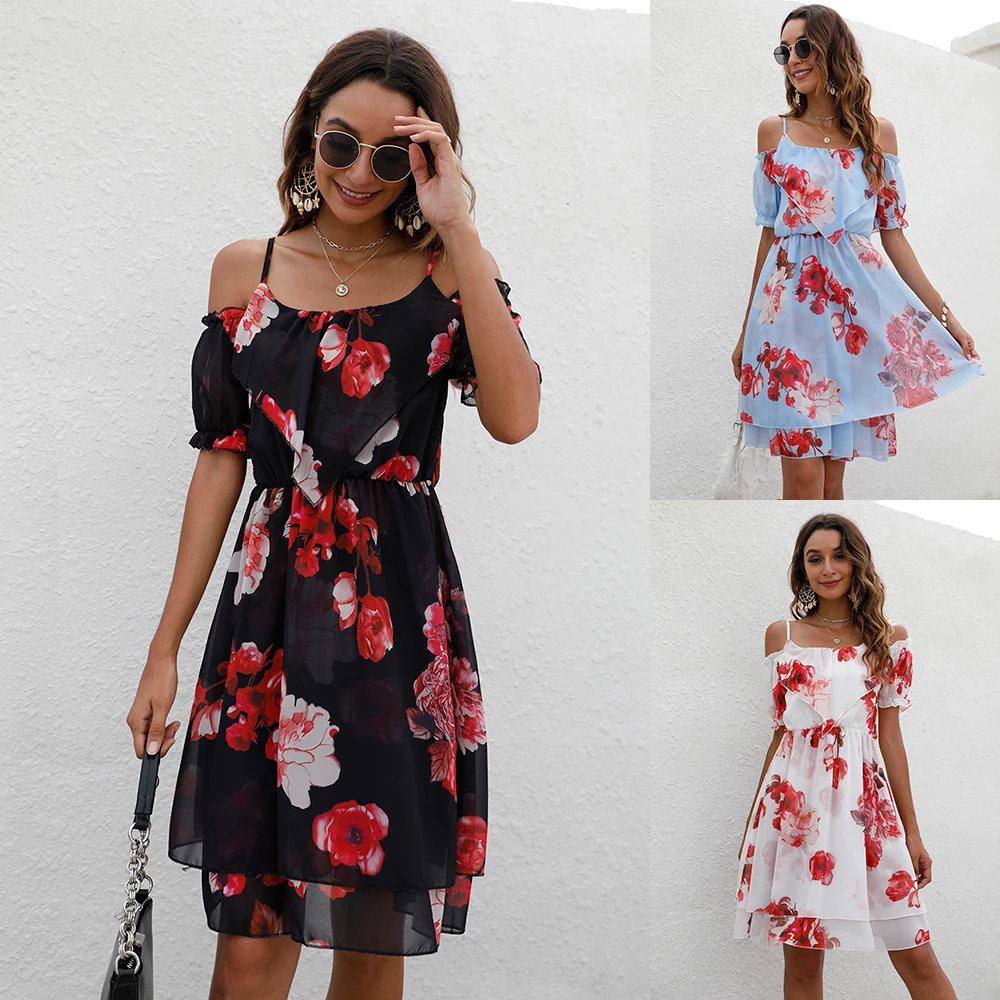 

Summer European and American Women's European Station Casual Fashion Chiffon Printed Sling Dress lady skirt top
