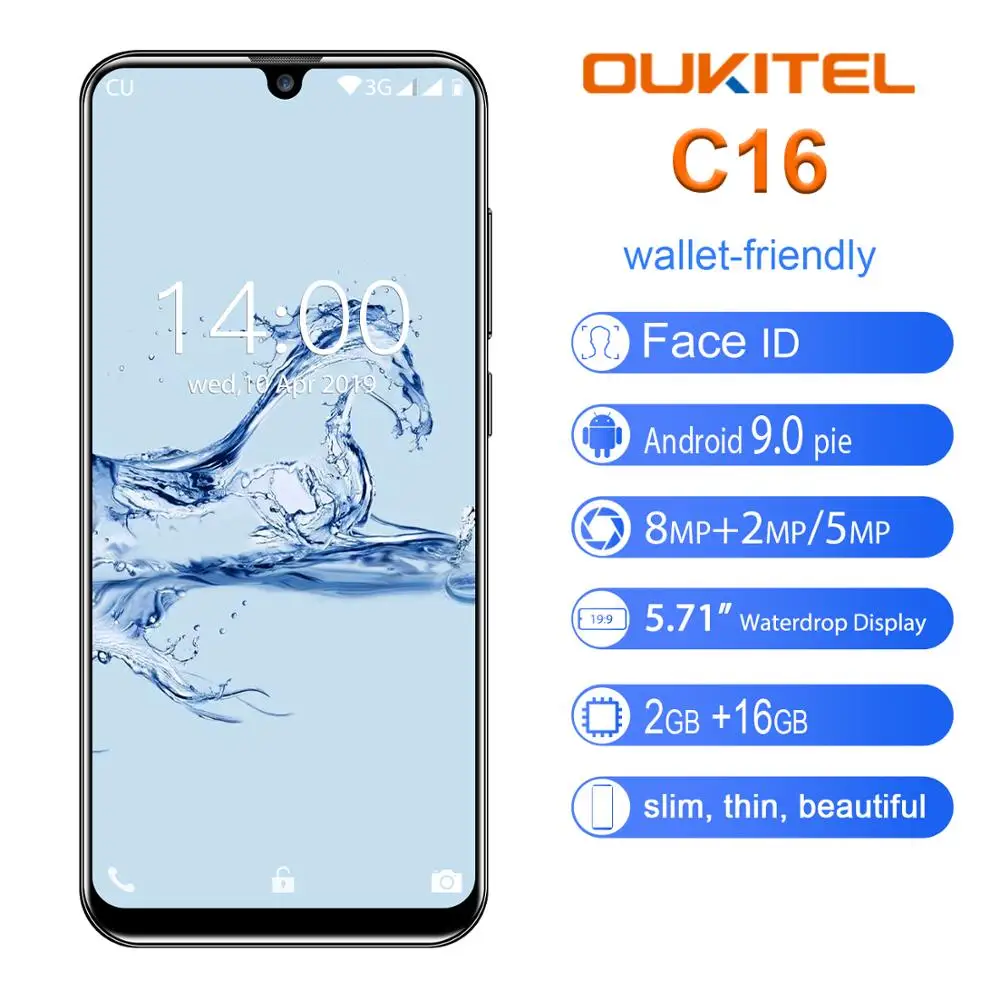 OUKITEL C16 смартфон 5,7" HD 19:9 экран капли Android 9,0 отпечаток пальца мобильный телефон MT6580P 2G ram 16G rom 2600mAh разблокировка