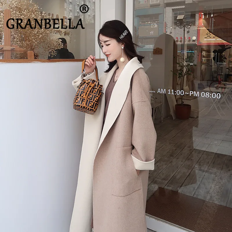 

Fall 2019 Soft Double-sided Contrast Color Cashmere Overcoat With Belt British Style Oversize Wool Coat Women Winter Long Coats