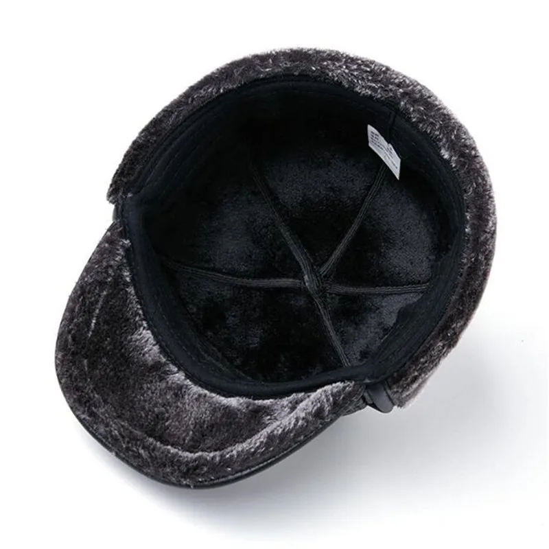 GREENYU Brand Genuine Leather Bomber Hat Men's Thick Warm Outdoor Earmuffs First Layer Cowhide Leather Hat Fur Hats For Man