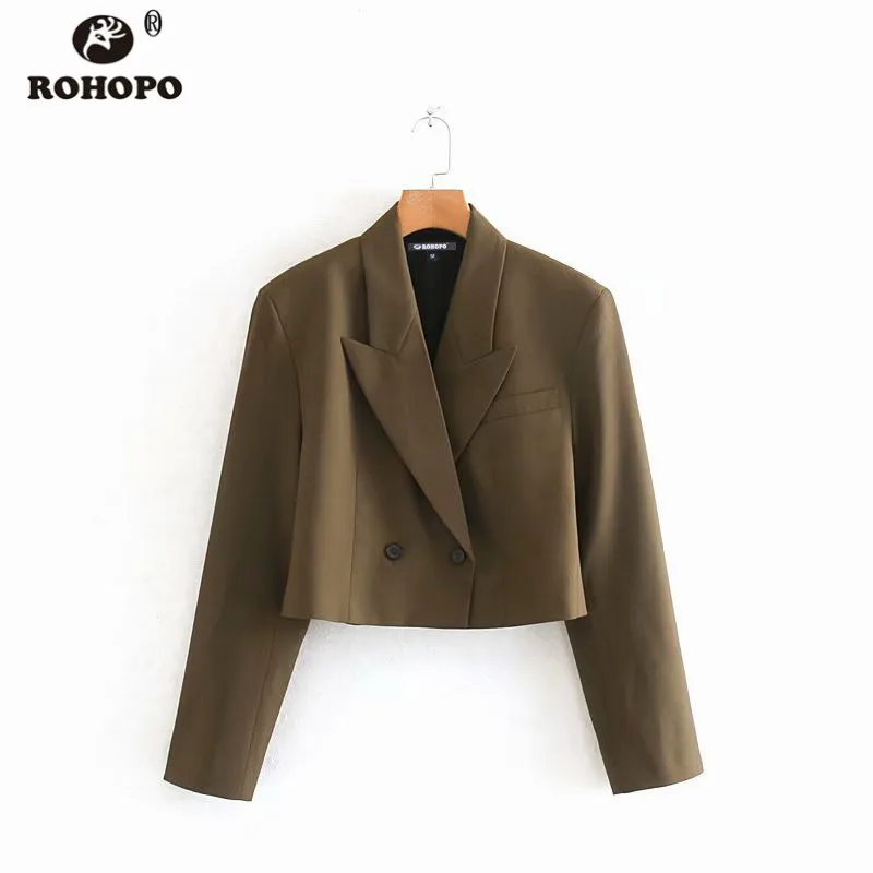 ROHOPO Double Style Collar Two Buttons Ladies Brown Short Blazer Long Sleeve Lapel Collar Autumn Slim Solid Outwear#6211