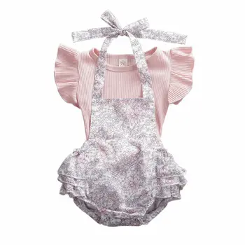 

2PCS Newborn Baby Girl Outfit Clothes Sets Ruffles Sleeve Tops Romper+Flowers Print Overalls Shorts Set