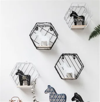 

Simple Modern Hexagonal Design Grid Storage Rack Shelf Creative Iron Grid Wall Hanger Hexagon Shelf Home Decoration Accessories