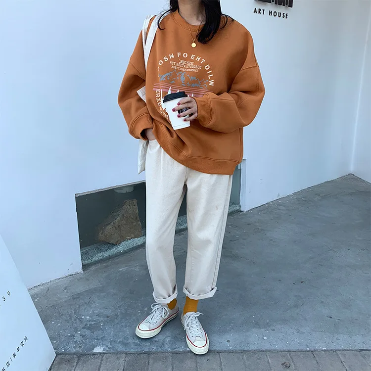 Orange Korean Hoodie Streetwear Womens Hoodies Pullover Print Casual O-Neck Loose New Sweatshirt Women Soft Warm
