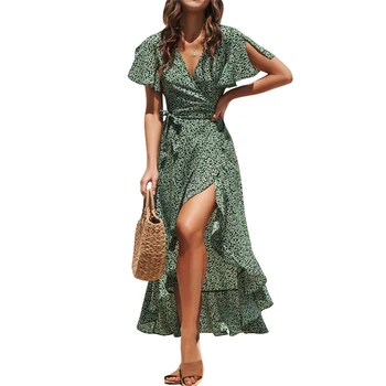 

Summer Beach Maxi Dress Women Floral Print Boho Long Chiffon Dress Ruffles Wrap Casual V-Neck Split Sexy Party Dress Robe Femme