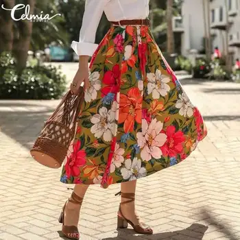 

Celmia Fashion Floral Printed Skirts Women Vintage Long Skirt High Waist Party Skirt Casual Ruffles Loose Plus Size Female Skirt