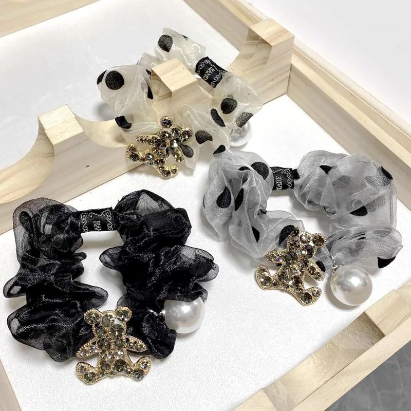 

Wave point Scrunchie With Crystal bear Hair Ties For Girls Women Elastic Hair Rubber Bands Ponytail Holder Hair Accessories