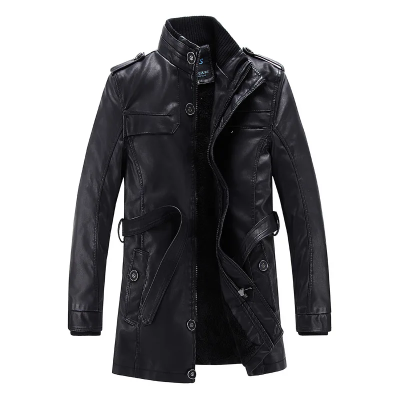 

Winter Men Leather Coat Slim Fit Li Collar Plus Cashmere Medium Length Money Imitation Genuine Leather Pu Leather Jacket
