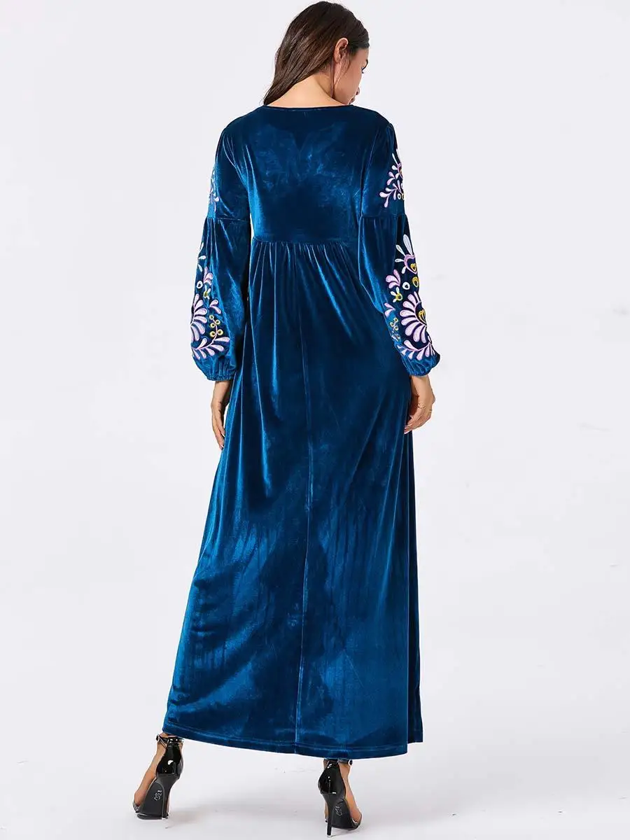 Бархатное мусульманское платье абайя, женское платье с длинными рукавами и вышивкой, кафтан, Jilbab Robe, платье с круглым вырезом, мусульманская одежда, осень-зима, платье