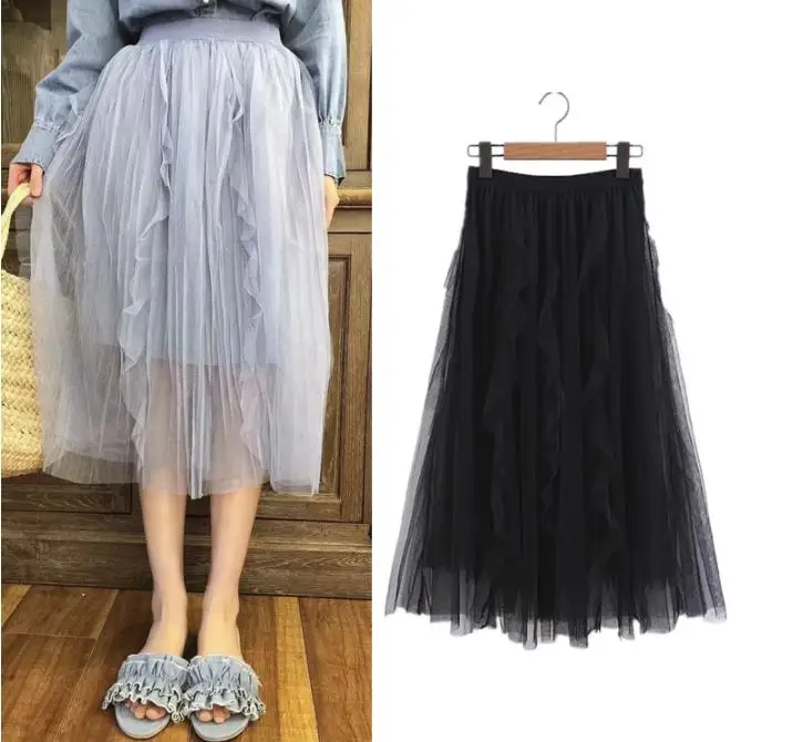 2019 Осенняя Женская юбка Феи из сетчатого шифона черного белого и фиолетового