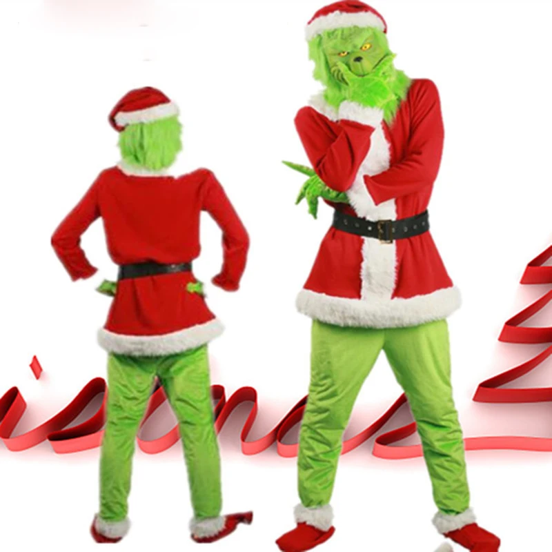 Карнавальные костюмы Grinch для взрослых и мужчин, Рождественский костюм, красные топы с длинными рукавами, зеленые штаны,, костюм для рождественской вечеринки с маской