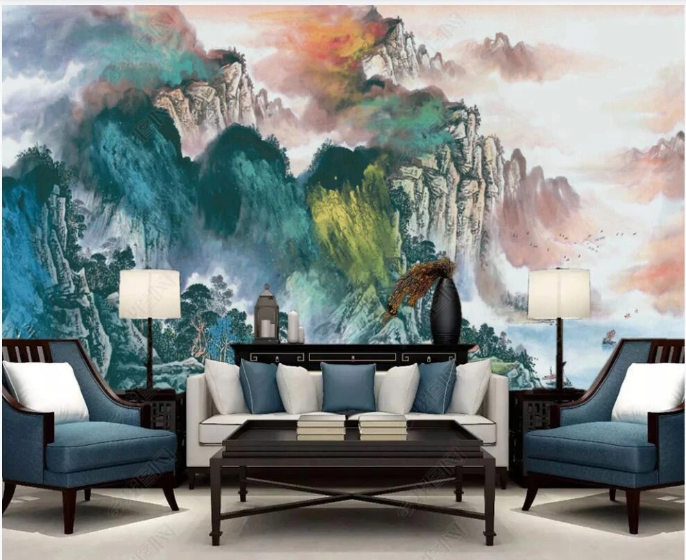 3d壁紙カスタム壁画写真中国絵画マウンテンブルーとグリーンインク風景3d壁の壁画壁紙3 D 壁紙 Aliexpress
