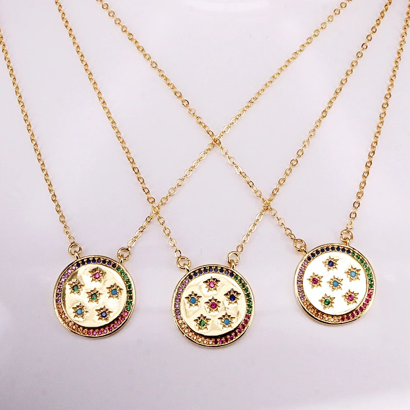 

6PCS, Gold Filled Rainbow Colorful Zirconia Crystal Round Pendants Fashion CZ Micro Pave Charm Necklaces