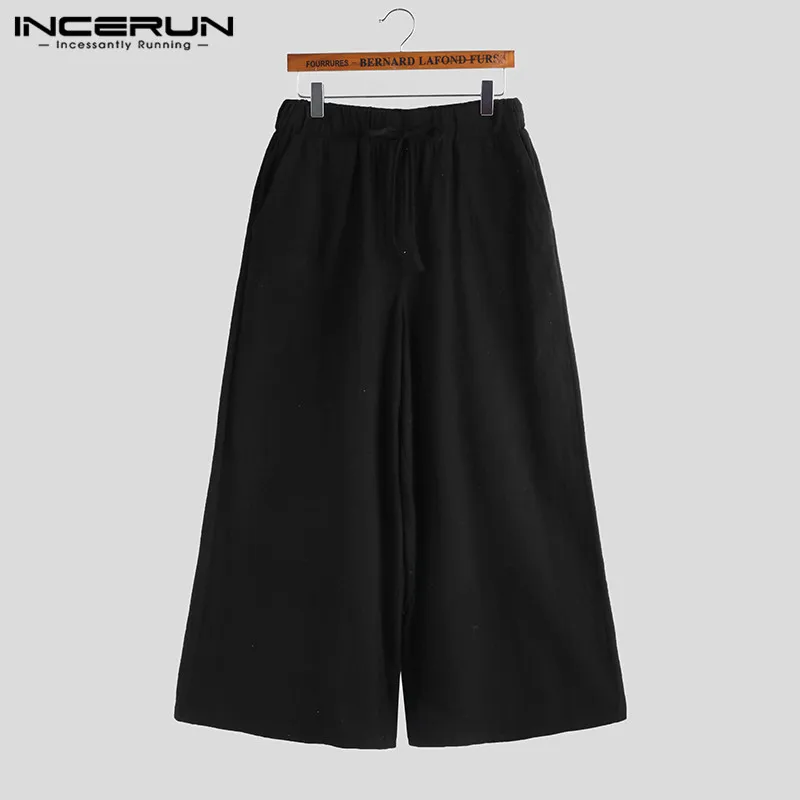 INCERUN/винтажные мужские широкие брюки из хлопка с эластичной резинкой на талии, однотонные трико для мужчин, повседневные брюки, мужские тренировочные штаны, уличная одежда