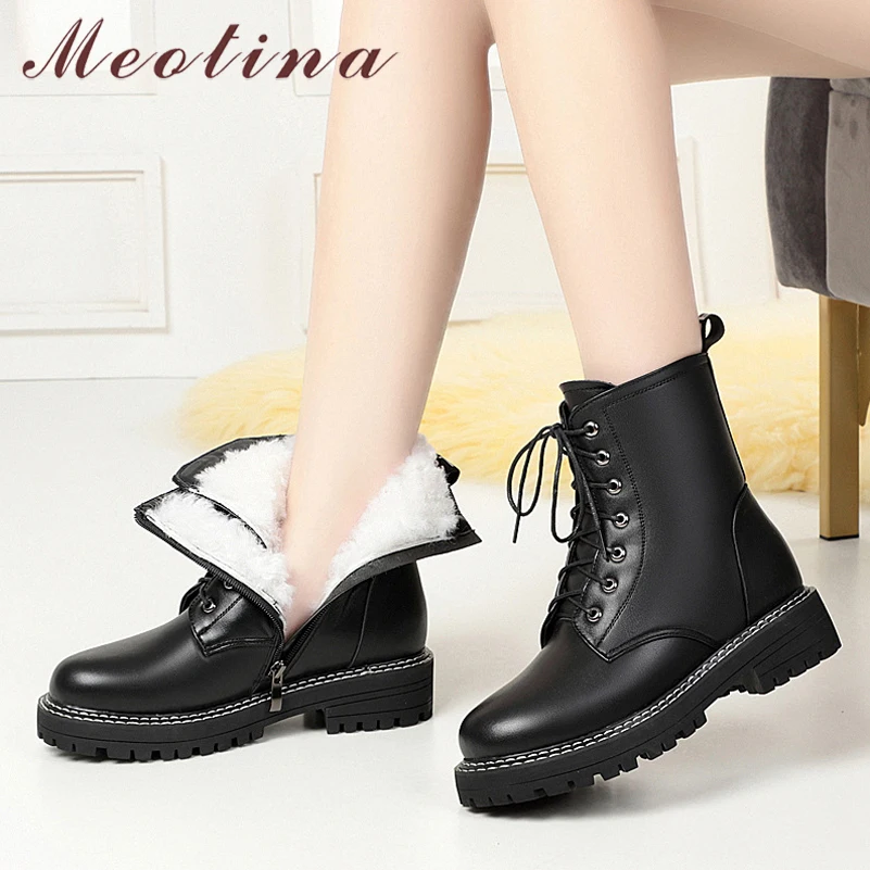 

Meotina Real Wool Fur Real Leather Flat Platform Motorcycle Boots Women Short Boots Shoes Lace Up Zip Ankle Boots Winter Black