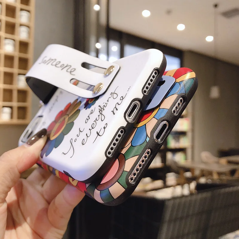 Чехол с подсолнухом для iPhone 11 Pro X XR XS Max 7 8 Plus, чехол с милым ремешком, подставка для телефона, чехол для iPhone 7 8 6S Plus