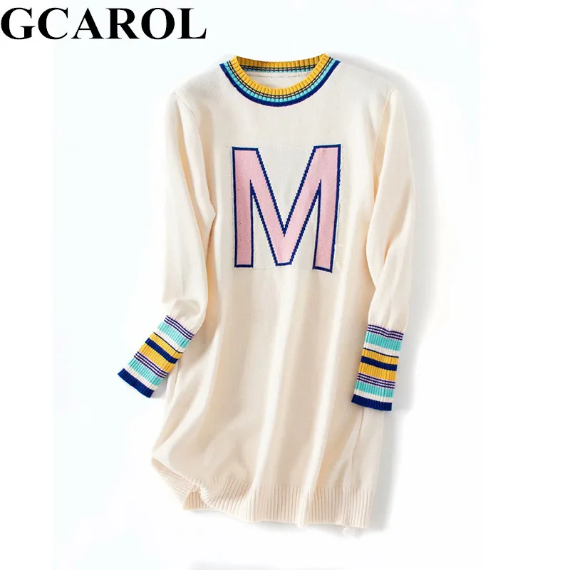Beige GCAROL корейский женский жаккардовый длинный свитер с буквенным принтом, тянущийся милый вязаный джемпер контрастного цвета, повседневный вязаный пуловер в уличном стиле - Цвет: Beige