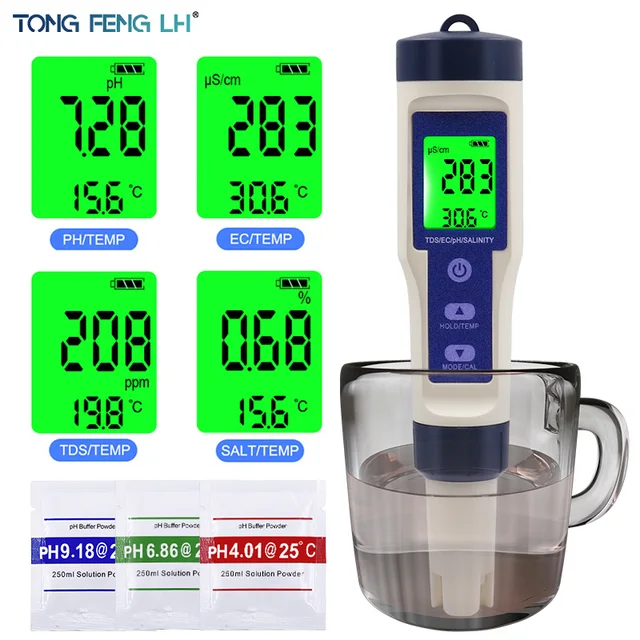 5 in 1 Digital Temperature Meter TDS/EC/PH/Salinity Water Quality Monitor Tester for Pools, Drinking Water, Aquariums