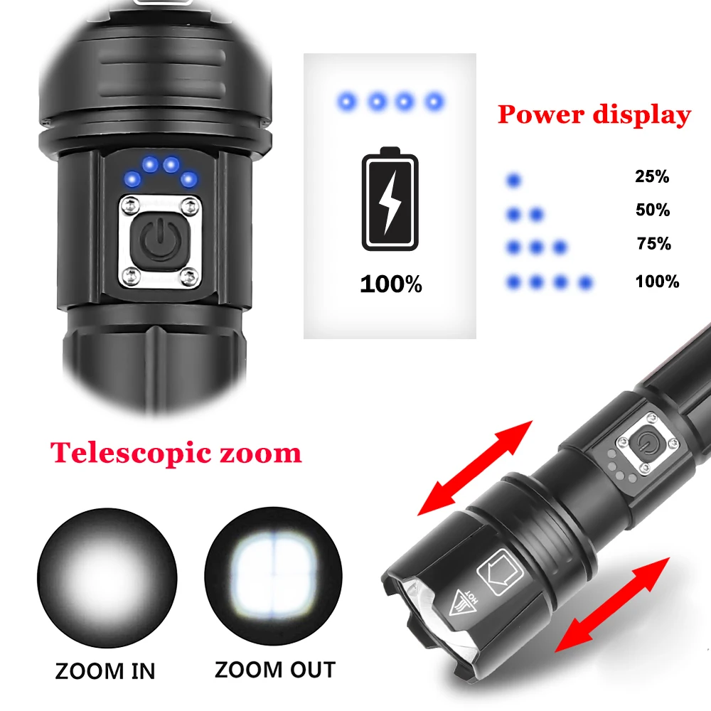 Мощный XHP70 светодиодный светильник-вспышка с USB входом и выходной функцией тактический фонарь 5 светильник ing режимы Водонепроницаемый зум наружный светильник