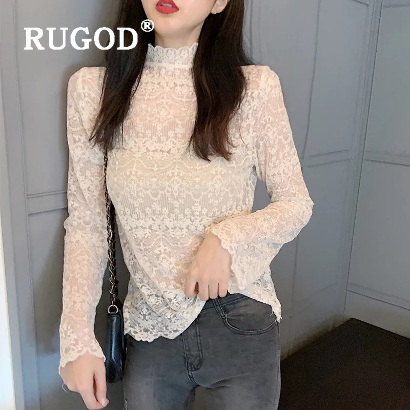 RUGOD, Новое поступление, женская блузка, водолазка, длинный рукав, кружево, ажурная рубашка, модные женские элегантные милые корейские Топы