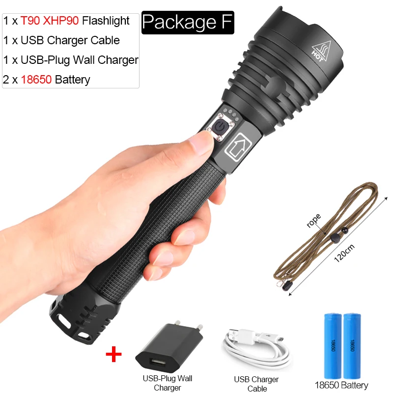 Package F XHP90 светодиодный фонарик мощный X-Lamp факел XHP70.2 светодиодный фонарик USB Перезаряжаемый фонарик тактический фонарь масштабируемый факел на 18650 - Испускаемый цвет: Package F