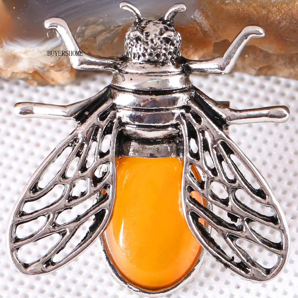 1Pcs Silver Cicada Brooch Natural Stone Pendant Howlite Rhodonite Carnelian Onyx Bead for Men Women DIY Jewelry Making