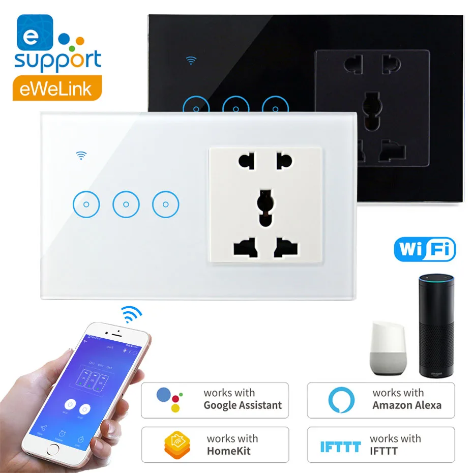 

Smart Wifi Wall Power Socket AC 90V-240V Universal Electrical Outlet EU/US Multi Tap Switch APP Remote/ Voice Alexa Google Home