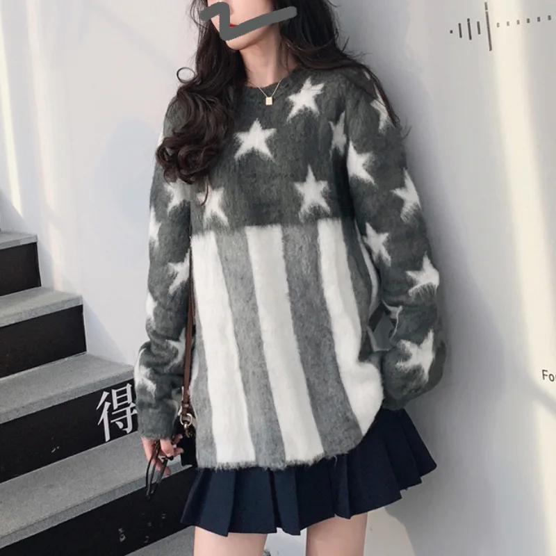 

Mahahi Star Wide Striped Sweater Women's Loose Lazy Wind Top Plus 2019 New Knit Sweater Pullovers Women Sweaters