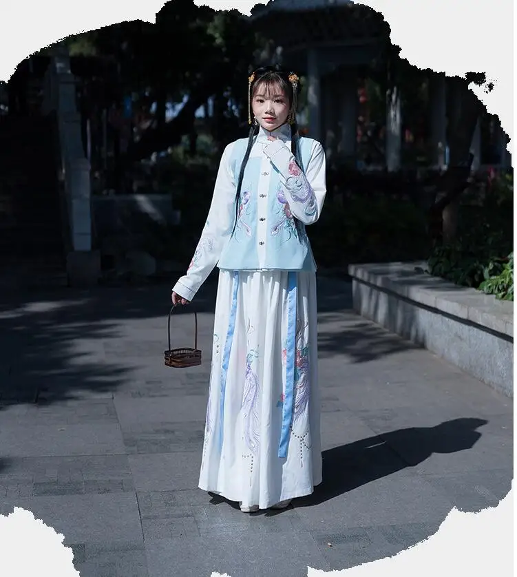 Небесно-голубой Hanfu/оригинальная Стильная верхняя одежда с воротником-стойкой и цветком из 3 предметов+ юбка+ жилет, винтажная Классическая Ручная пошив, высокое качество - Цвет: Небесно-голубой