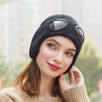 

Women Autumn Winter Korean Version New Pilot's Glasses Wool Hat Thickened Warm Outdoor Versatile Ear Protection Knitted Hat