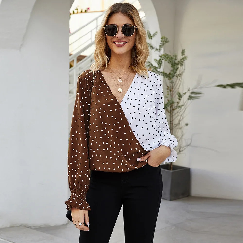 Spring 2020 Womens Tops Polka Dot Patchwork Long Sleeveless Solid Shirt Women Blusas Roupa Feminina Shirt