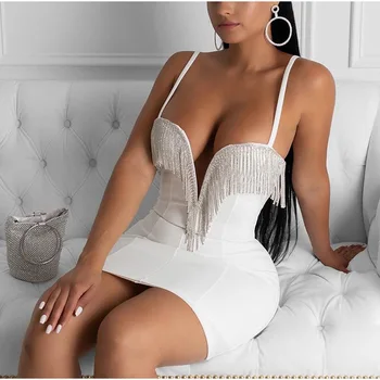 

She'sModa Metal Rhinestones Diamonds Tassles Deep V-neck Strape Bodycon Women's Mini Dress club dress