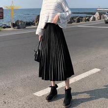 Женская Сексуальная плиссированная юбка из золотого бархата с высокой талией, сетчатая длинная юбка, милые плиссированные юбки из марли, Женская Офисная Свободная юбка