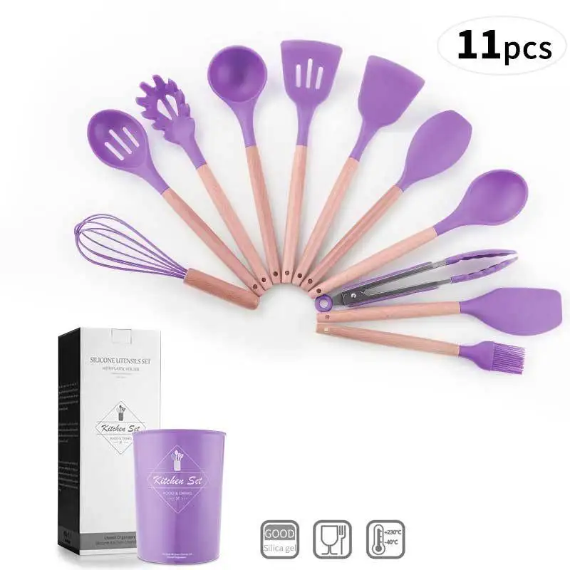 Purple Silicone Kitchen Utensils Set Bamboo Handle Large Spoon Spatula