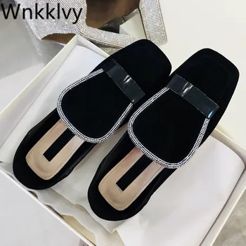 

Spring Summer Slippers Shoe Woman crystal rhinstone decor causal shoes for girls slip on British style square toe lazy loafers