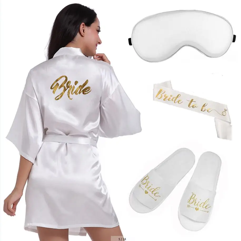 Bride Robes 4pc set of glitter gold bride satin short bride robe slippers bridal sash peignoir women Bridal Party kimono robe